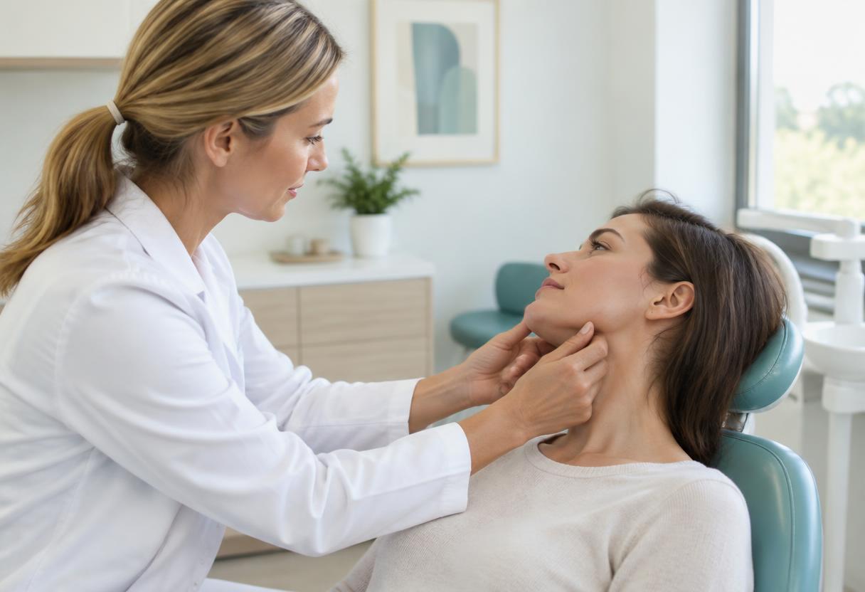 Odontoiatra che palpa l’articolazione mandibolare di una paziente durante una visita gnatologica