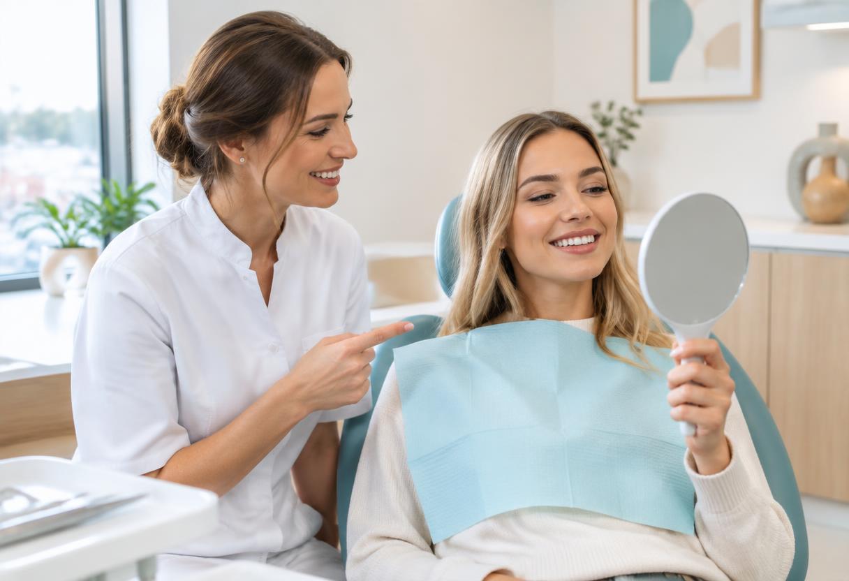 Odontoiatra che mostra a una paziente il proprio sorriso con uno specchietto durante una consulenza di estetica dentale